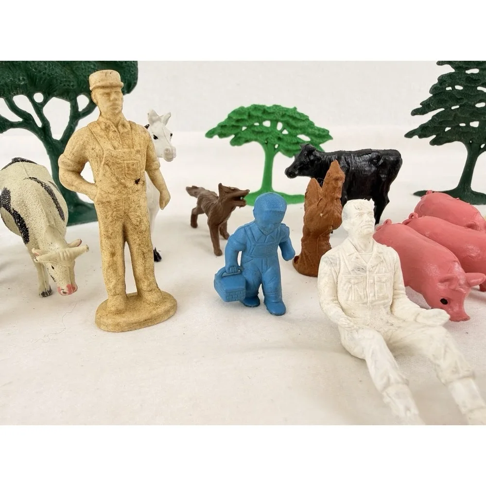 Vintage Plastic Farm Animals Figures Lot Marx MPC Trees Farmer Pigs Cow Horse